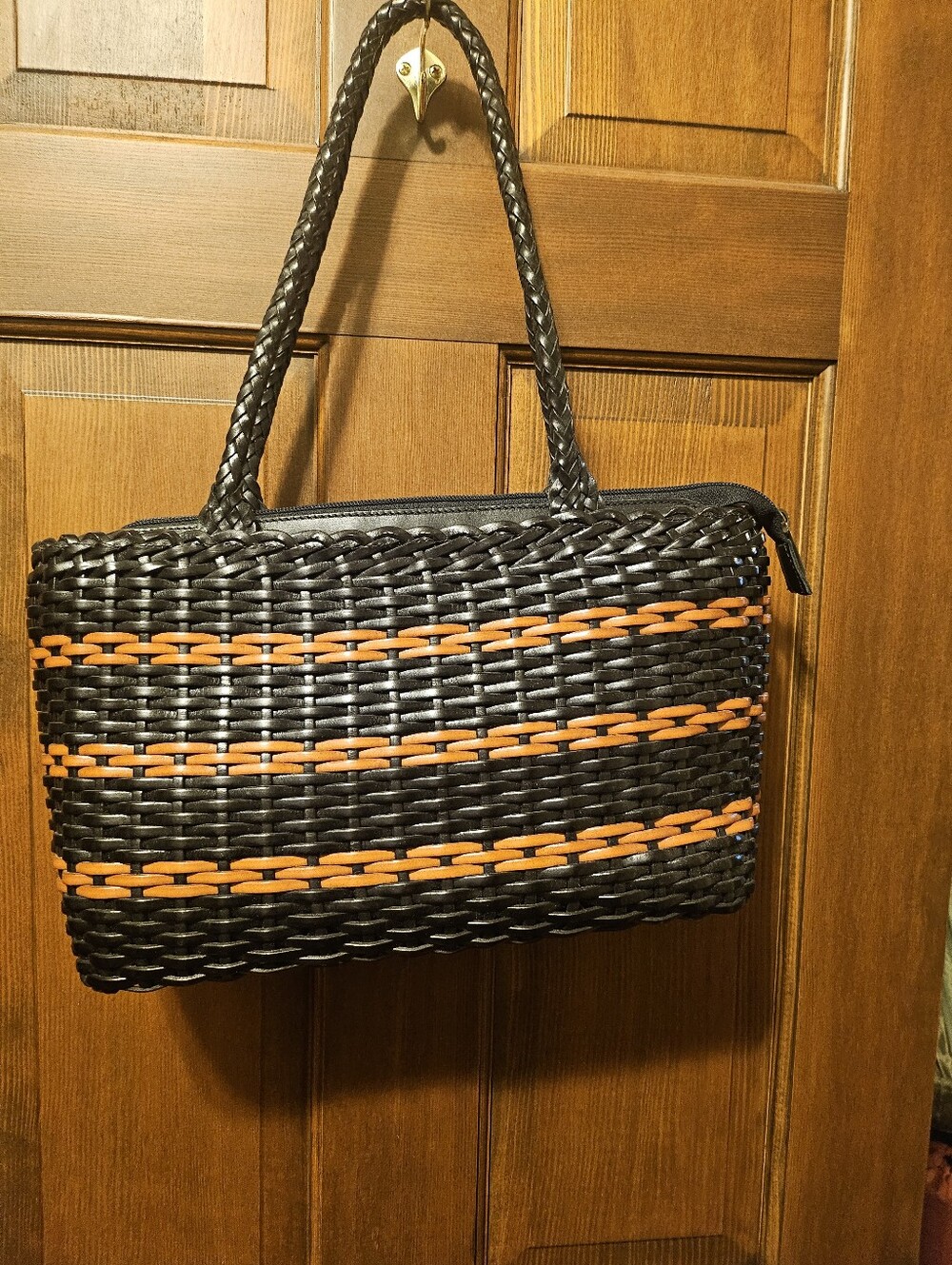 Woven Black Tote with Orange Accents